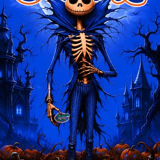a skeleton standing on top of pumpkins in front of a full moon Halloween Football midnight blue