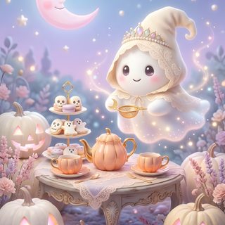 a painting of a table with pumpkins and teapots on it in front of a full moon Pastel Kawaii Halloween dark gray