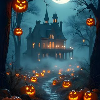 halloween pumpkins on the ground in front of a house at night with full moon Create Halloween Phone Spooky Halloween Screensavers, Spooky Halloween Iphone, Haunted Background, dark slate gray