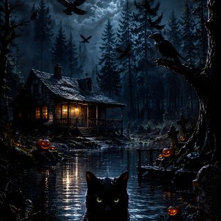 a black cat sitting in front of a lake with carved pumpkins on the ground Halloween Cat For Walls Cabin, Dark Colors, Cinematic Lighting, Black Cat, Dark Fantasy, Halloween,