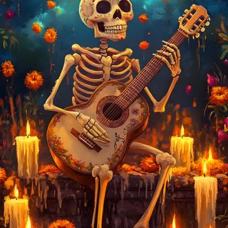 a skeleton playing a guitar in front of candles Mexican Halloween Sugar Skull, Skull, Santa Muerte, Mexican Art, Day Of The Dead, Cute Ghost, dark slate gray