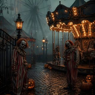 two clowns dressed in scary costumes stand near a carousel at night with lights on Halloween Carnival dark slate gray