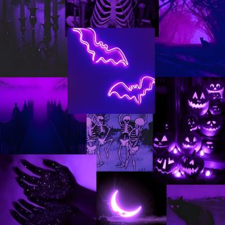 a collage of halloween images with candles and pumpkins Purple Edgy Aesthetic Halloween Purple Aesthetic Halloween, Purple Halloween, Purple Spooky Aesthetic, midnight blue