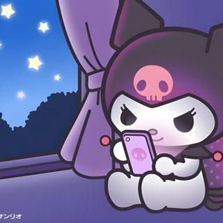 a cartoon character holding a cell phone in front of a window with stars on the night sky Kuromi Halloween Desktop Kuromi Banner Discord, Kuromi For Computer, Kuromi Banner Purple, dark slate blue