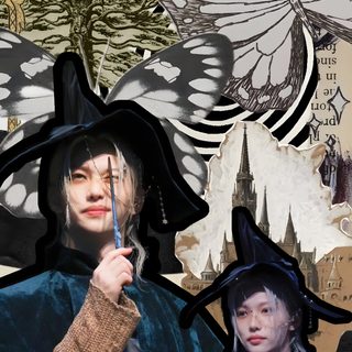 collage of two people dressed in costumes and hats, one holding a wand while the other holds a butterfly Felix Halloween Felix Halloween, Skz Halloween, Stray Kids Halloween, October, Normal, dark slate gray
