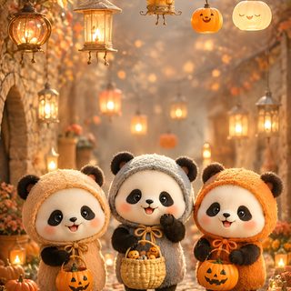 three stuffed pandas dressed in costumes stand on a path surrounded by pumpkins and lanterns Cute Halloween Panda Halloween Street, Small Cafe Design, Panda Illustration, Autumn Night, Relaxing Art, peru