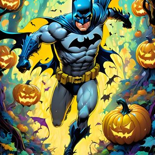 batman flying through the air with pumpkins in front of him and his face glowing Dc Comics Halloween Dc Comics Halloween, Batman Halloween, Spooky Batman, Batman Holidays, sea green