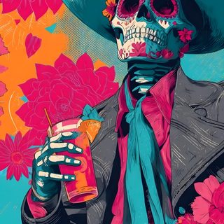 a skeleton wearing a sombrero and holding a drink in his hand with flowers around it Mexican Halloween Modern Art Prints Artworks, Mexican, Mexican Murals, Cool Pictures To Draw, dim gray