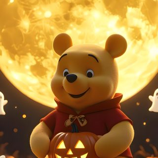a teddy bear sitting in front of a full moon with halloween pumpkins around it Winnie The Pooh Halloween saddle brown