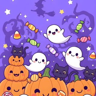 a group of halloween pumpkins with ghost faces on them and bats in the background Halloween Cartoon Holiday, Ghost Crafts, Halloween Cute, Cute Halloween, Halloween Backdrop, medium purple