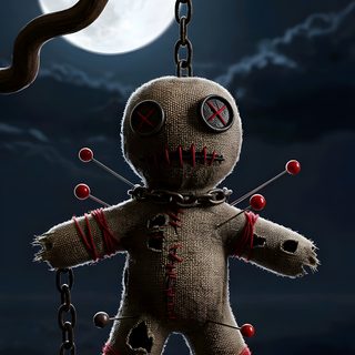 a creepy looking stuffed animal hanging from a tree branch with the moon in the background Halloween Voodoo Doll Doll Tattoo, Voodoo Doll, Voodoo Doll Background, Voodoo Magic, black