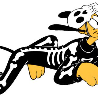 a cartoon dog dressed as a skeleton with a pumpkin in it's mouth and wearing a hat Pluto Halloween Goofy Halloween Drawing, Mickey And Pluto Costume, Halloween Pluto, white