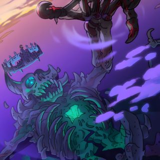 an animated image of a space station in the distance with a giant alien like creature on it's back The Owl House Halloween Owl House Cartoon, Qibli, The Boiling Isles, Boiling Isles, dark slate gray