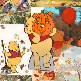 winnie the pooh and friends collage with pumpkins, balloons, trees, and other cartoon characters Halloween Winnie The Pooh Winnie Pooh Thanksgiving, Winnie The Pooh Thanksgiving, Fall Winnie The Pooh, dark khaki