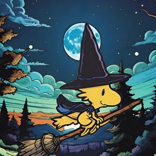 a painting of a witch flying through the night sky with her broom in one hand Woodstock Halloween Halloween Decoration Ideas, Halloween Snoopy Illustration, Nighttime Cartoon Scene, dark slate gray