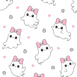 a white background with pink bows and small cats on the bottom right hand corner, all in different positions Kawaii Girly Cute Halloween white