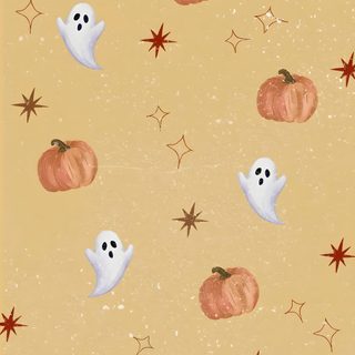 an orange background with white ghost and pumpkins on it's sides, all over the surface Halloween Pumpkins And Stars Scattered burlywood