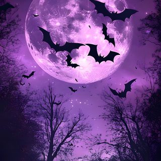 a full moon with bats flying in the sky above it and trees on either side Halloween Bat Moon Purple Large Spooky Purple Bat, Halloween Trees, Night Forest, dark slate blue