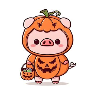 a little pig in a pumpkin costume holding a basket with a jack o lantern on it Cute Halloween Pig Dress Design Drawing, Baby Animal Drawings, Animal Valentine, Kawaii Halloween, white