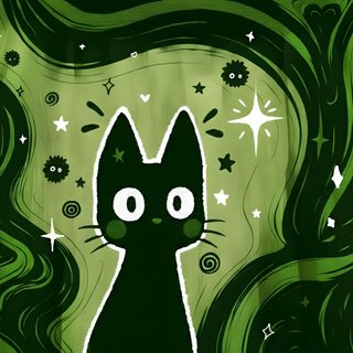 a black cat with stars and swirls on it's face is standing in front of a green background Halloween Black Cat Green Witch Aesthetic Desktop, Dark Green Laptop, Dark Green, Dark Green Aesthetic,