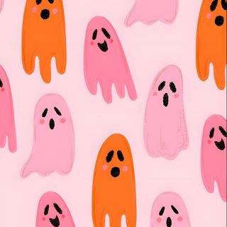 a pink and orange pattern with ghost faces on it Pink And Orange Halloween Pastel Pink And Orange Iphone, Pink Halloween Ipad, Pink And Orange Fall Aesthetic, misty rose