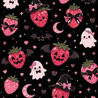 a black background with pink and white strawberrys on it's sides, bats, and ghost faces Black And Pink Halloween black