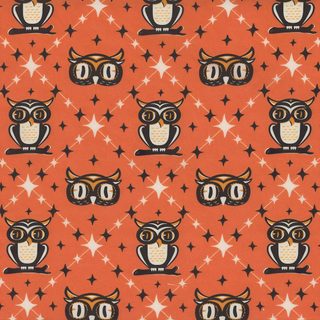 an orange background with owls and stars Owl Argyle - Retro Halloween Orange 4 Point Star, Owl Head, October Crafts, Shabby Fabrics, indian red