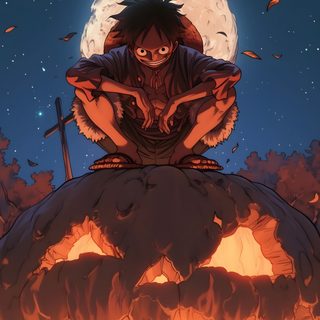 an anime character sitting on top of a pumpkin with the moon in the sky behind him Luffy Halloween One Piece Fall, One Piece Pumpkin, Luffy Pumpkin, Attack On Titan Pirate, dark slate gray