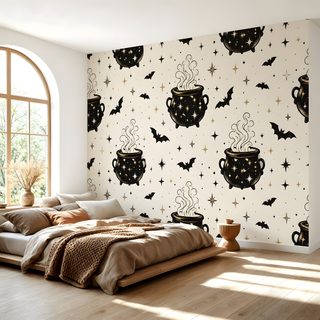 a bed sitting in a bedroom next to a window with bats and coffee cups on it Halloween Bat For Bedroom light gray