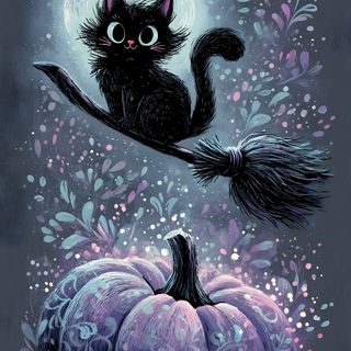 a black cat sitting on top of a purple pumpkin in front of a full moon Feline Halloween - Black On Lavender Cat Heaven, Black Cat Aesthetic, Galaxies, Witchy, dark slate gray