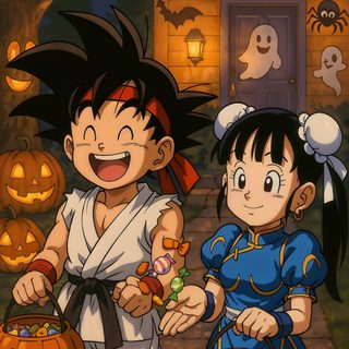 two children with pumpkins in front of a house Dragon Ball Halloween Gohan And Goten, Goku And Chichi, Vegeta And Bulma, Dragon Ball Super, saddle brown