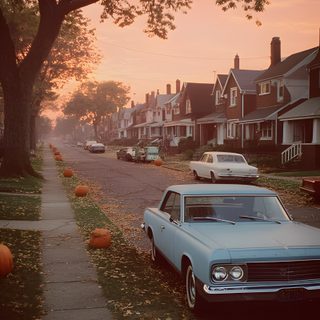 an old car parked on the side of a road with pumpkins in front of it 90s Halloween Phone Retro Fall Aesthetic, Fall Retro Aesthetic, Nostalgic Fall, dark olive green