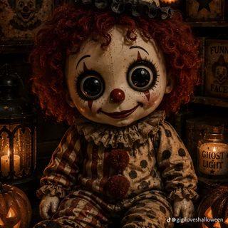 a creepy clown doll sitting on top of a table next to candles and pumpkins Clown Halloween black