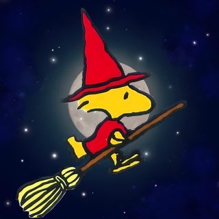 a cartoon dog on a broom flying in the sky Woodstock Halloween Snoopy Bird Halloween, Snoopy Broom, Snoopy Woodstock Halloween Gif, black