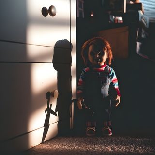 a doll sitting on the floor in front of a dresser with its shadow cast on it Chucky Halloween Chucky Series, Horror, Chucky 4k Iphone, Chucky Aesthetic Iphone, dark slate gray