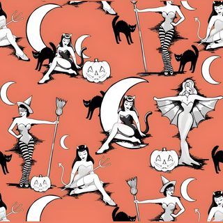 an orange background with black and white images of cats, witches, and moon women Pinup Halloween Retro Halloween Ivory, Snoopy, Retro Halloween Desktop, Movie Posters, salmon