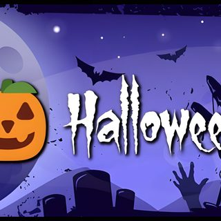 an animated halloween scene with pumpkins and bats Halloween Fb Cover Photos, Facebook Cover Photos Halloween, Halloween Facebook Icon, dark slate blue