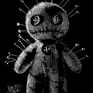 a black and white drawing of a teddy bear with lots of screws on it Halloween Voodoo Doll black