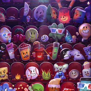 an animated movie scene with many different characters sitting in the seats and watching something on tv Bfdi Halloween Cursed Objects, Theatre Poster, Boule De Neige, Silly Images, Test Tube, dark slate gray