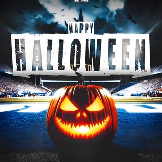 a halloween pumpkin with the words happy halloween in front of an empty football field at night Halloween Football Happy Halloween Comic, Halloween Football Player Girl, Happy Hallothanksmas, dark slate gray