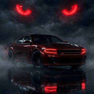 a red car with glowing eyes in the dark night sky and fog behind it is shown Halloween Hellcat Dodge Charger Srt Hellcat, Charger Rt, Charger Srt Hellcat, Charger Srt, black