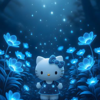 hello kitty standing in the middle of blue flowers Blue Hello Kitty Halloween Kitty, Blue Hello Kitty, Cute Disney, Disney, Hello Kitty, Blue,