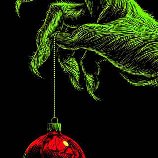 a hand holding a red ornament with green monster's claws on it Grinch Halloween Holiday Art, Christmas, Screen Savers, Festive Christmas, Shades Of Green, Cool Art, black