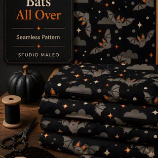 Whimsical Halloween bat seamless pattern with flying bats orange accents stars clouds and a deep black background. A playful spooky season design for fabric wallpaper sewing quilting crafts kids Halloween projects and autumn decor. Vintage Bats For Halloween Fabric And black