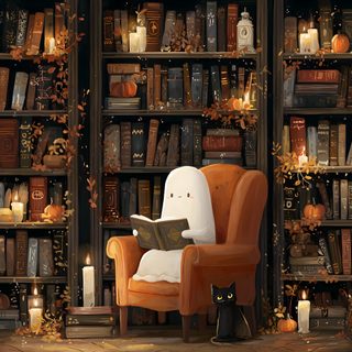 a chair in front of a book shelf filled with books and candles, surrounded by pumpkins Halloween Book Cozy Fall Laptop, Cozy Background Fall Desktop, Cozy Fall Desktop, dark slate gray