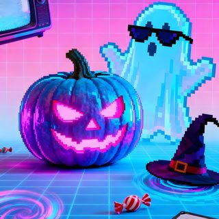 an old school computer game with halloween decorations and games on the floor in front of it Vaporwave Halloween Neon Aesthetic Halloween, Spooky Neon Halloween, Retro Pixel Art Halloween, royal blue