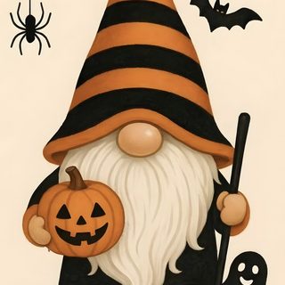 a painting of a gnome holding a jack - o'- lantern Halloween Gnome Ideas Halloween Gnomes, Halloween Gonk Drawing, Happy Halloween Gnome, bisque
