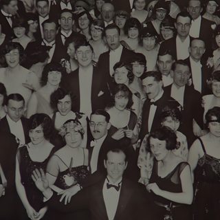 an old black and white photo of a group of people dressed in formal wear posing for the camera The Shining Laptop Halloween The Shining Picture, The Shining Aesthetic, The Shining 1980, dark slate gray