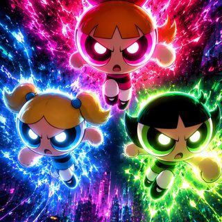the powerpuff girls movie poster with neon lights and characters in front of them Powerpuff Girls Halloween dark slate gray