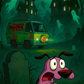 a cartoon dog is standing in front of a grave with a green van behind it Cartoon Network Halloween Courage The Cowardly Dog Scooby Doo, Iphone Halloween, Spooky Cartoon, black